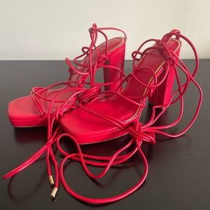 Hot Red Tie Leg Heels